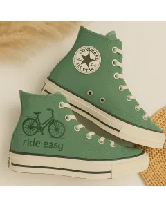 Vintage Bicycle Print Canvas Sneakers for Cyclists, Retro Enthusiasts, and Urban Explorers – Stylish Comfort for Everyday Wear, Travel, and Adventures - Custom Embroidered - Main View
