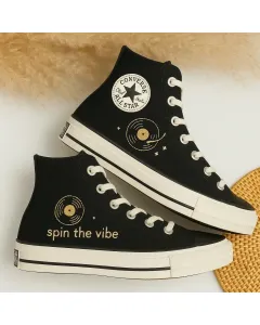 Vinyl Record Design Sneakers for Music Lovers, Retro Enthusiasts – Unique Style for Casual Outings, Music Festivals - Custom Embroidered - Main View