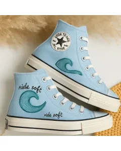 Wave Embroidered Sneakers for Casual, Trendy, Fashionable Individuals – Unique Design for Everyday Wear, Street Style - Custom Embroidered - Main View