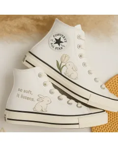 Whimsical Tulip Whisper Bunny Sneakers for Women and Pet Lovers – Comfortable Shoes for Casual Walks, Pet Adoption Events for Animal Rescue Volunteers - Custom Embroidered - Main View