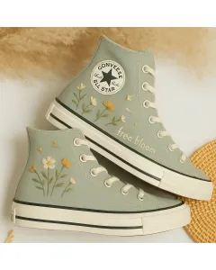 Wildflower Embroidered Sage Sneakers for Nature Lovers, Festival Goers, and Trendsetters – Stand Out in Style for Casual Outings, Summer Festivals - Custom Embroidered - Main View