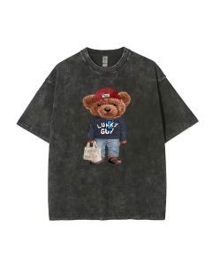 Teddy Lucky Guy Mineral Wash T-Shirt - Unisex Beach & Casual Summer Tee with Cool Classic Design - Perfect for Teens & Gift-Giving