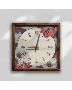 Modern Floral Roman Numeral Square Wall Clock | Wooden Frame | Kitchen and Living Room Decor | Elegant Timepiece for Home or Office