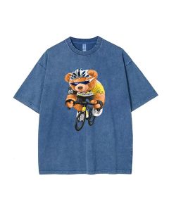 Teddy Bicycle Racing Mineral Wash T-Shirt | Classic Cool Beach Shirt for Unisex Teens | Perfect for Casual Wear, School, Summer & Holidays