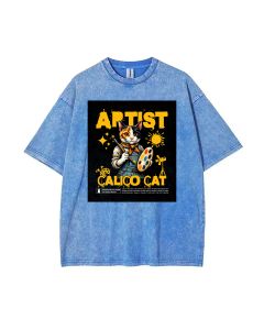 Cute Calico Cat Artist Painting Mineral Wash T-Shirt - Perfect for Teens! Unisex Design for Casual Wear, School, Gift-giving, Summer & Holidays. 