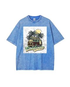 Unisex Surfing Car California Summer T-Shirt with Golden Coast Print - Perfect for Beach, Casual Wear and Gifts | Mineral Wash T-Shirt