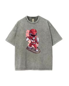 Cartoon Red Power Ranger Gao Mineral Wash T-Shirt - Unisex Teen Beach Shirt for Casual Wear, School, and Gifts - Cool and Classic T-Shirt