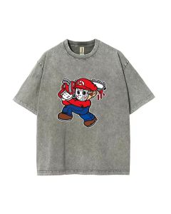 Retro Mario Letherface Mineral Wash T-Shirt - Unisex Beach and Casual Shirt for Teens - Cool Classic Tee for Summer and Holidays