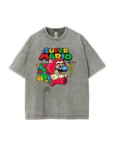 Retro Mario Mineral Wash T-Shirt - Unisex Tees for Casual Wear, School, and Summer Fun. Perfect Beach Shirt or Cool Holiday Gift! Classic Style.