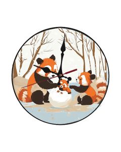 Custom Red panda family building snowman, Wooden Wall Clock for Home Decor in Living Room, Kitchen and Kid Decorations Gifts