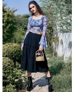 Women's Frill Midi Skirt – High Waist, Loose Fit, Solid Viscose Skirt for School or Casual Outfits
