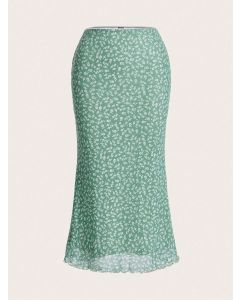 Women's Ditsy Floral Mesh Skirt – Fishtail Style, Wavy Hem, Lightweight Overlay Midi Skirt