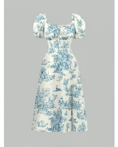 Women's Summer Maxi Dress – Plant Print, Square Neckline, Bubble Sleeves, Cinched Waist, Casual Vacation Outfit