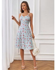 Women's Summer Maxi Dress – Floral Print with Contrast Lace, Sleeveless Vacation Style Outfit