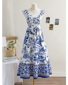 Vintage Women's Summer Dress – Blue & White Floral Print, Square Neck, Cap Sleeves, Ruffle Back, Tie Waist A-Line Holiday Outfit