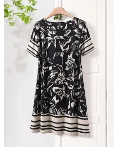Boho Summer Dress for Women – Leaf Print, Casual Short Sleeve, Round Neck, Lightweight Vacation Outfit