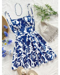 Women's Summer Mini Dress – Blue & White Floral Print, Open Back, Cami Style A-Line Vacation Outfit