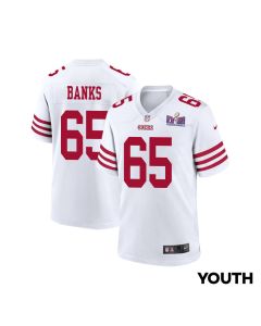 Aaron Banks 65 San Francisco 49ers Super Bowl LVIII Patch Game YOUTH Jersey – White