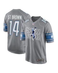 Amon-Ra St. Brown 14 Detroit Lions Sun God Game Men Jersey – Silver