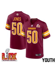 Andre Jones Jr. #50 Washington Commanders Super Bowl LIX Youth Jersey – Burgundy