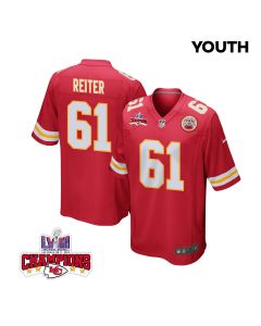 Austin Reiter 61 Kansas City Chiefs Super Bowl LVIII Champions 4 Stars Patch Game YOUTH Jersey – Red