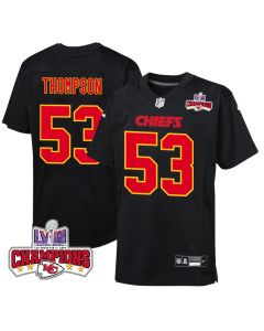 BJ Thompson 53 Kansas City Chiefs Super Bowl LVIII Champions 4 Stars Patch Fashion Game YOUTH Jersey – Carbon Black