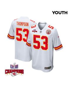 BJ Thompson 53 Kansas City Chiefs Super Bowl LVIII Champions 4 Stars Patch Game YOUTH Jersey – White