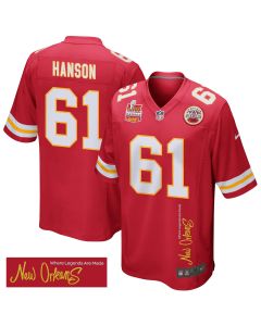 C.J. Hanson 61 Kansas City Chiefs Super Bowl LIX Champions Patch ‘New Orleans – Where Legends Are Made’ EMBROIDERED Game Men Jersey – Red