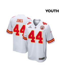 Cam Jones 44 Kansas City Chiefs Super Bowl LVIII Patch Game YOUTH Jersey – White