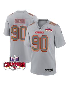 Charles Omenihu 90 Kansas City Chiefs Super Bowl LVIII Champions 4 Stars Patch Atmosphere Fashion Game Men Jersey – Gray