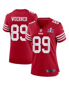 Charlie Woerner 89 San Francisco 49ers Super Bowl LVIII Patch Game Women Jersey – Scarlet