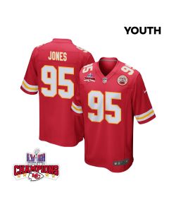 Chris Jones 95 Kansas City Chiefs Super Bowl LVIII Champions 4 Stars Patch Game YOUTH Jersey – Red