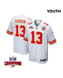Chris Oladokun 13 Kansas City Chiefs Super Bowl LVIII Champions 4 Stars Patch Game YOUTH Jersey – White