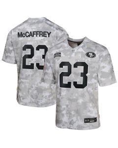 Christian McCaffrey 23 San Francisco 49ers 2024 Salute to Service Game YOUTH Jersey – Arctic Camo