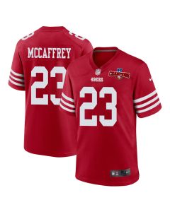 Christian McCaffrey 23 San Francisco 49ers NFC Champions Patch Game Men Jersey – Scarlet