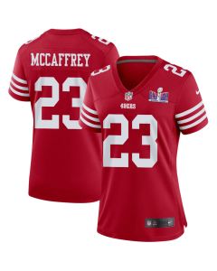 Christian McCaffrey 23 San Francisco 49ers Super Bowl LVIII Patch Game Women Jersey – Scarlet