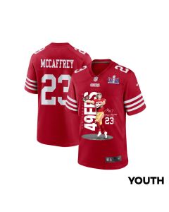 Christian McCaffrey 23 San Francisco 49ers Throwing Ball Game YOUTH Jersey – Scarlet