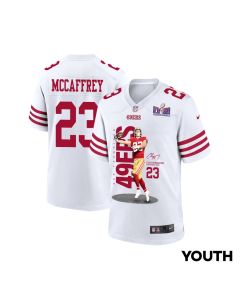 Christian McCaffrey 23 San Francisco 49ers Throwing Ball Game YOUTH Jersey – White