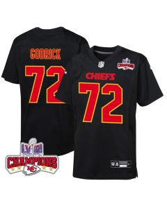 Chukwuebuka Godrick 72 Kansas City Chiefs Super Bowl LVIII Champions 4 Stars Patch Fashion Game YOUTH Jersey – Carbon Black