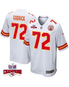 Chukwuebuka Godrick 72 Kansas City Chiefs Super Bowl LVIII Champions 4 Stars Patch Game Men Jersey – White