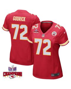 Chukwuebuka Godrick 72 Kansas City Chiefs Super Bowl LVIII Champions 4 Stars Patch Game Women Jersey – Red