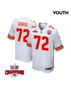 Chukwuebuka Godrick 72 Kansas City Chiefs Super Bowl LVIII Champions 4 Stars Patch Game YOUTH Jersey – White