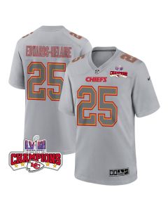 Clyde Edwards-Helaire 25 Kansas City Chiefs Super Bowl LVIII Champions 4 Stars Patch Atmosphere Fashion Game Men Jersey – Gray