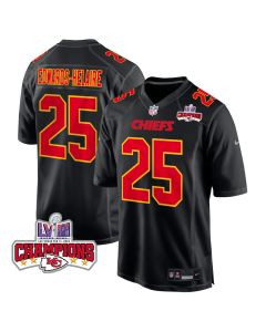 Clyde Edwards-Helaire 25 Kansas City Chiefs Super Bowl LVIII Champions 4 Stars Patch Fashion Game Men Jersey – Carbon Black