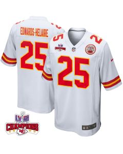 Clyde Edwards-Helaire 25 Kansas City Chiefs Super Bowl LVIII Champions 4 Stars Patch Game Men Jersey – White