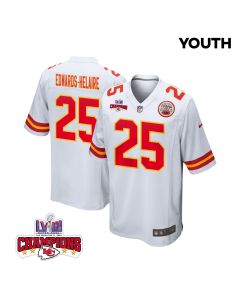 Clyde Edwards-Helaire 25 Kansas City Chiefs Super Bowl LVIII Champions 4 Stars Patch Game YOUTH Jersey – White