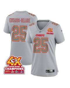 Clyde Edwards-Helaire 25 Kansas City Chiefs Super Bowl LVIII Champions 4X Atmosphere Fashion Game Women Jersey – Gray