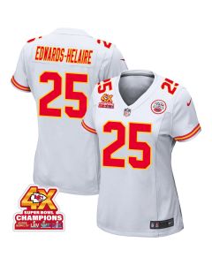 Clyde Edwards-Helaire 25 Kansas City Chiefs Super Bowl LVIII Champions 4X Game Women Jersey – White