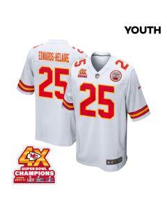 Clyde Edwards-Helaire 25 Kansas City Chiefs Super Bowl LVIII Champions 4X Game YOUTH Jersey – White