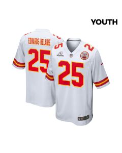 Clyde Edwards-Helaire 25 Kansas City Chiefs Super Bowl LVIII Patch Game YOUTH Jersey – White